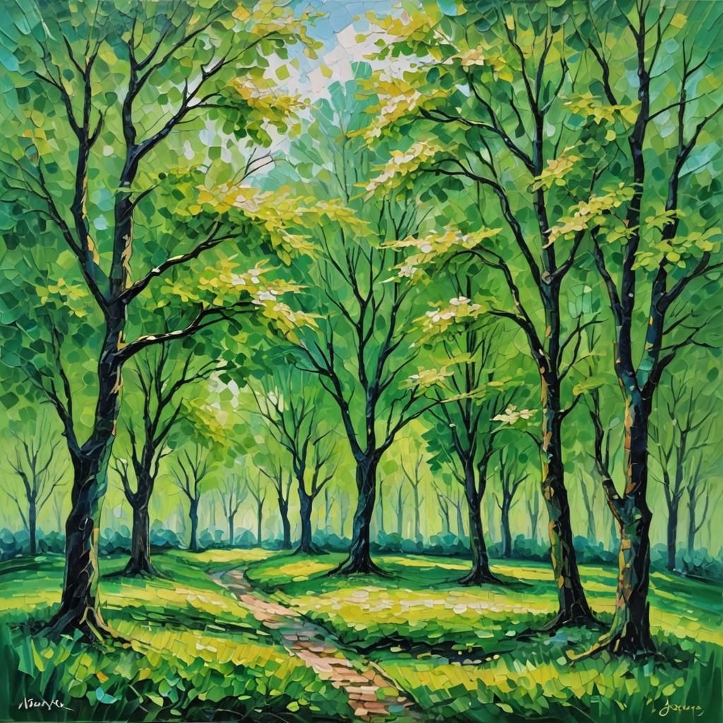 Green Oil Painting in Neo-Impressionist Style