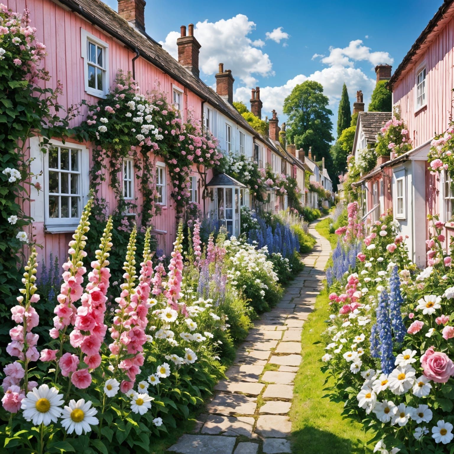 Charming Flower-Filled Lane with Pink and White Cottages