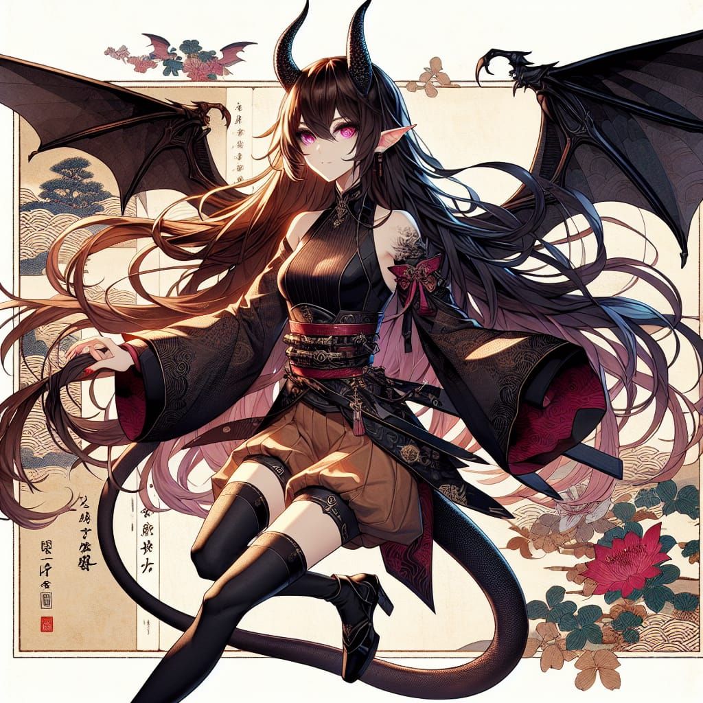 Demon Girl in Ukiyo-e Style Japanese Woodblock Print