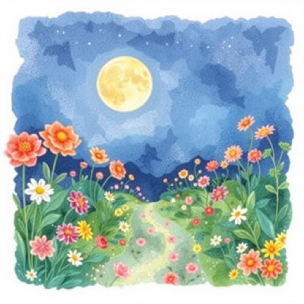 Moonlit Floral Pathway in Watercolor Style