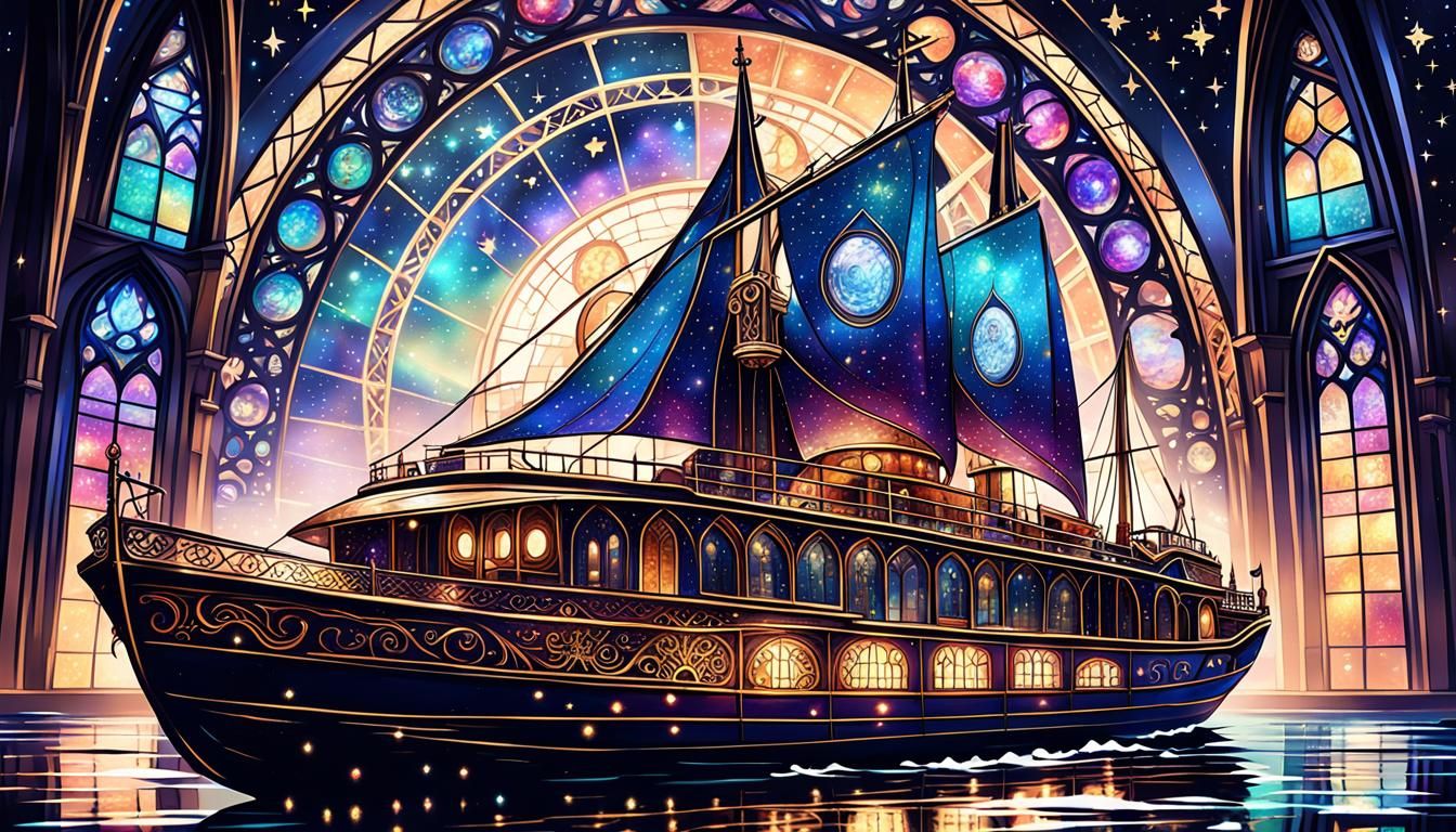 Gothic Fantasy Ship Sailing Through Starry Galaxy