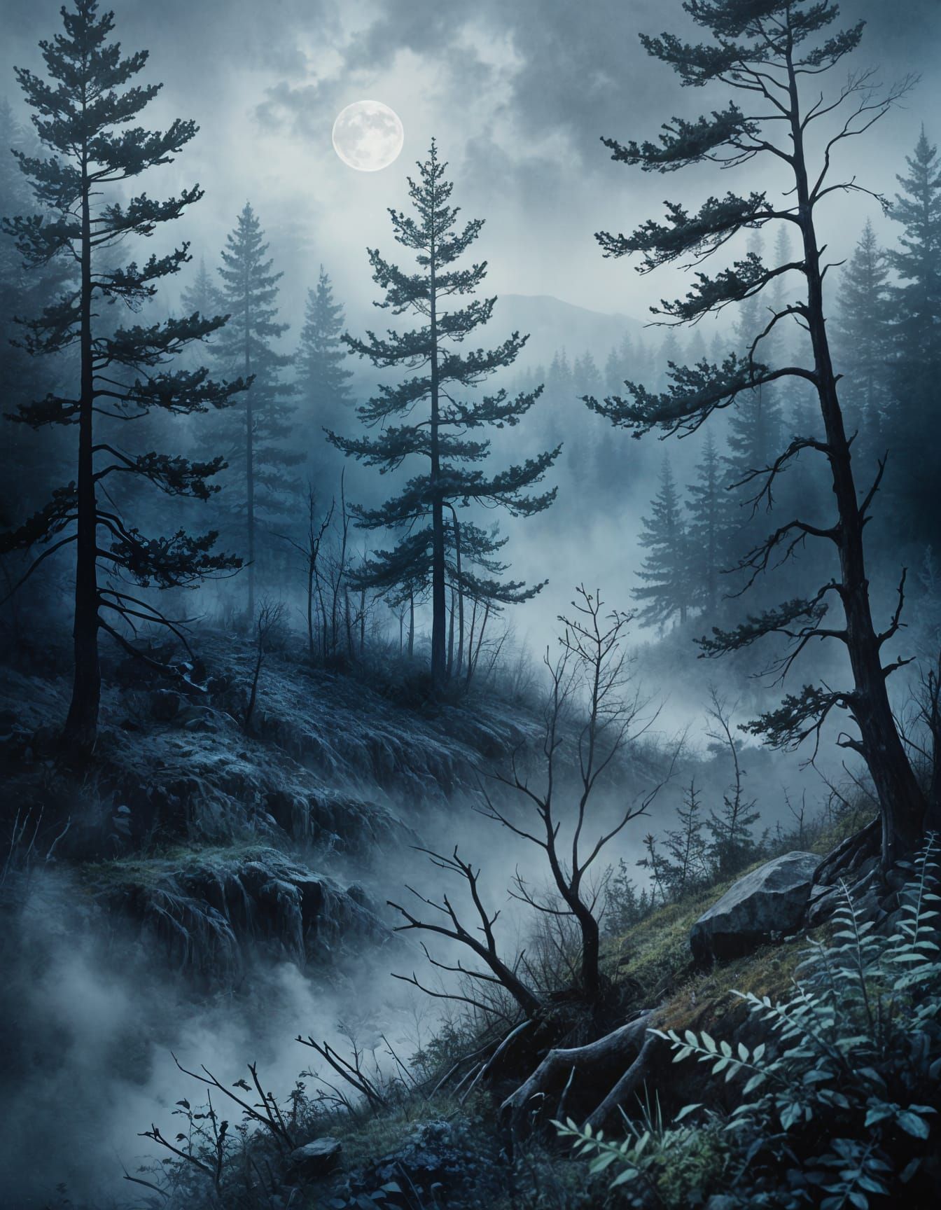 Gloomy Twilight Forest in Dark Spruce Landscape