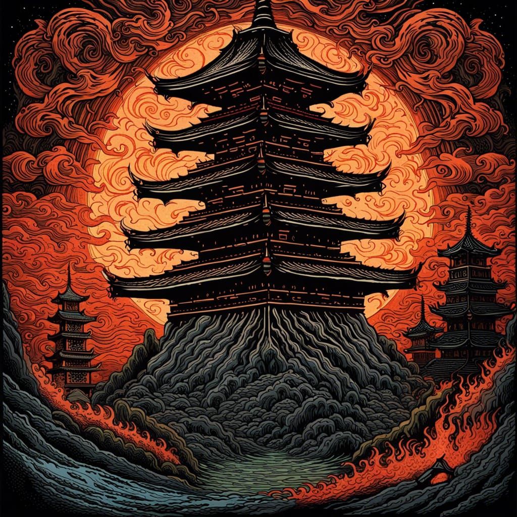Japanese Pagoda Eye of Sauron Woodblock Print