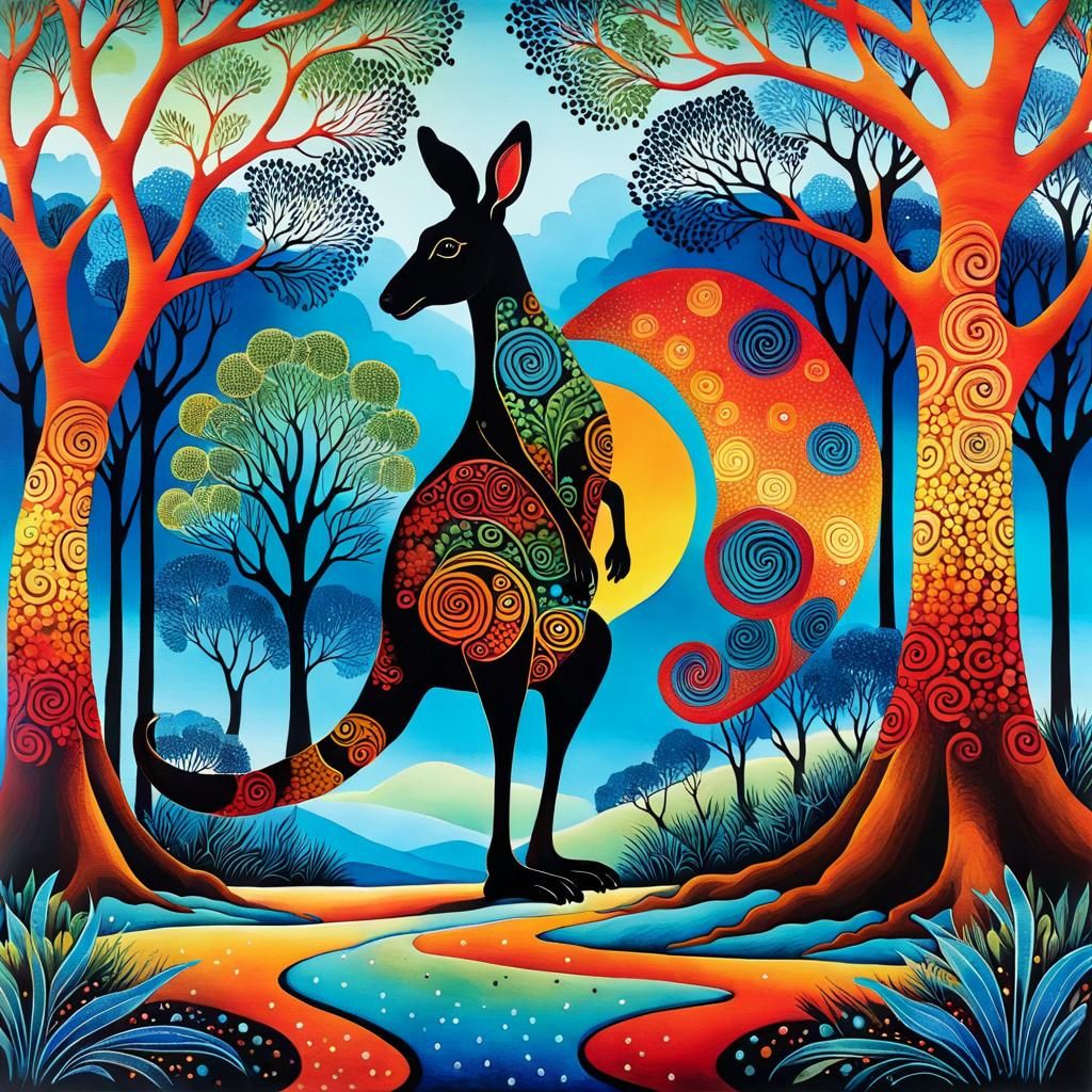 Whimsical Kangaroo Portrait in Naive Folk Art Style