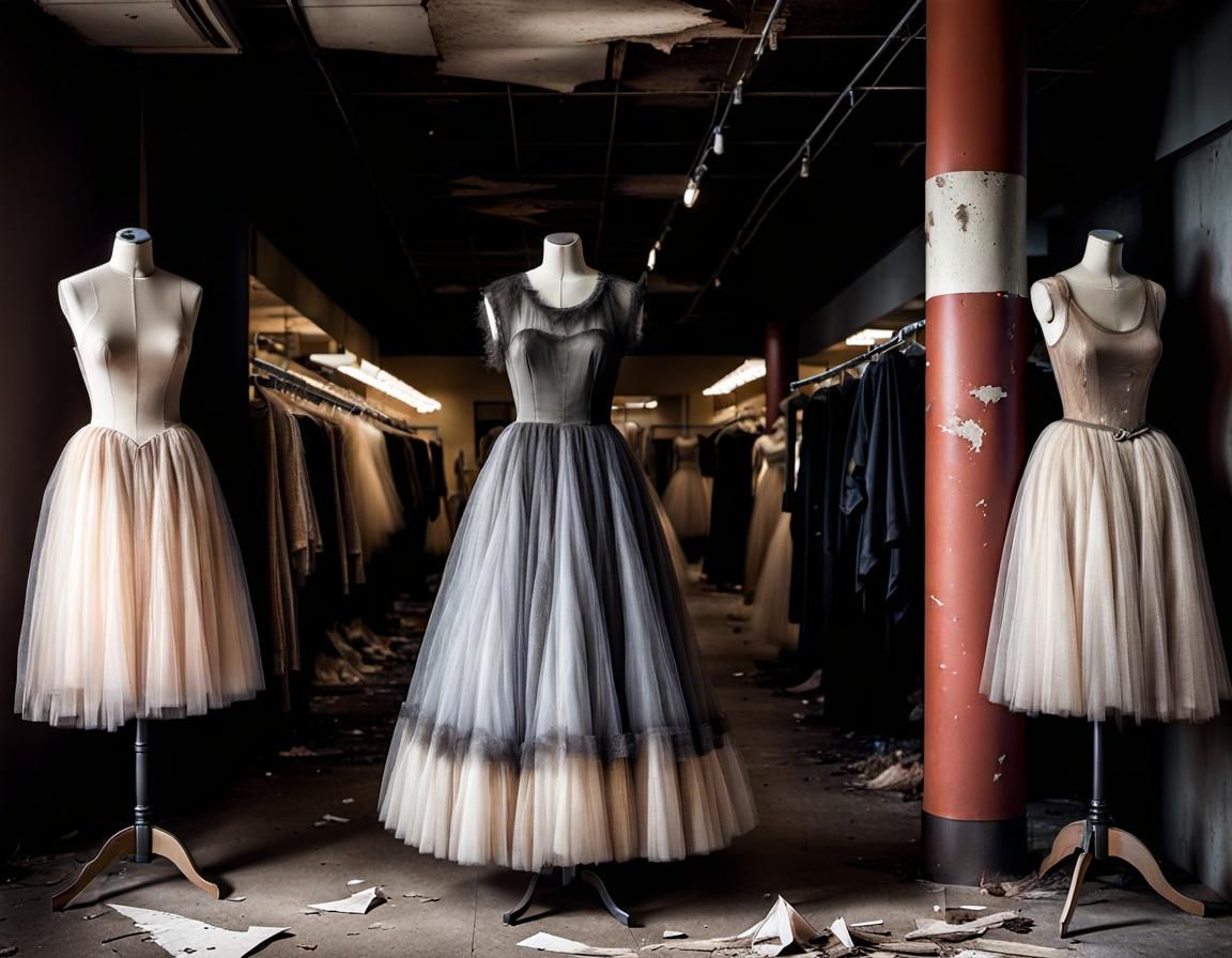 Sinister Abandoned Clothes Shop with Tulle Dresses