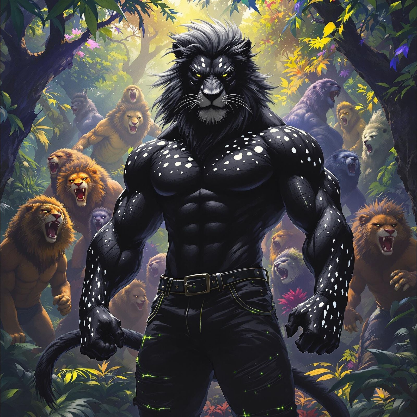Hyper-Muscular Lion-Human Hybrid in a Vibrant Fantasy Jungle