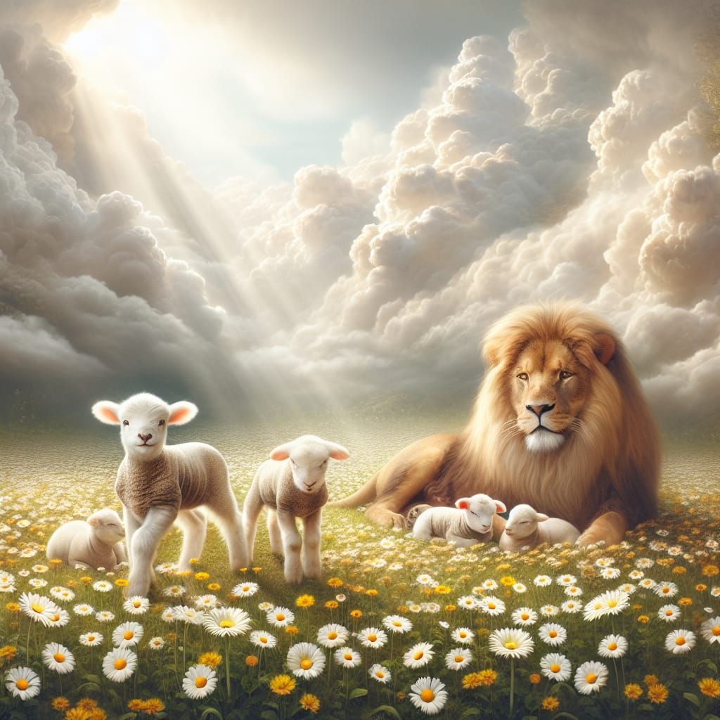 Peaceful Lion and Lambs in Daisy Field