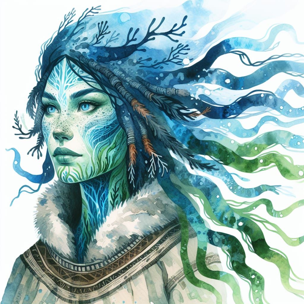 Sedna, Inuit Sea Goddess, in Watercolor Double Exposure
