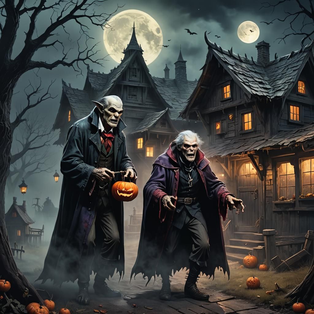 Vampire and Werewolf Trick or Treating: Hyperrealistic Art