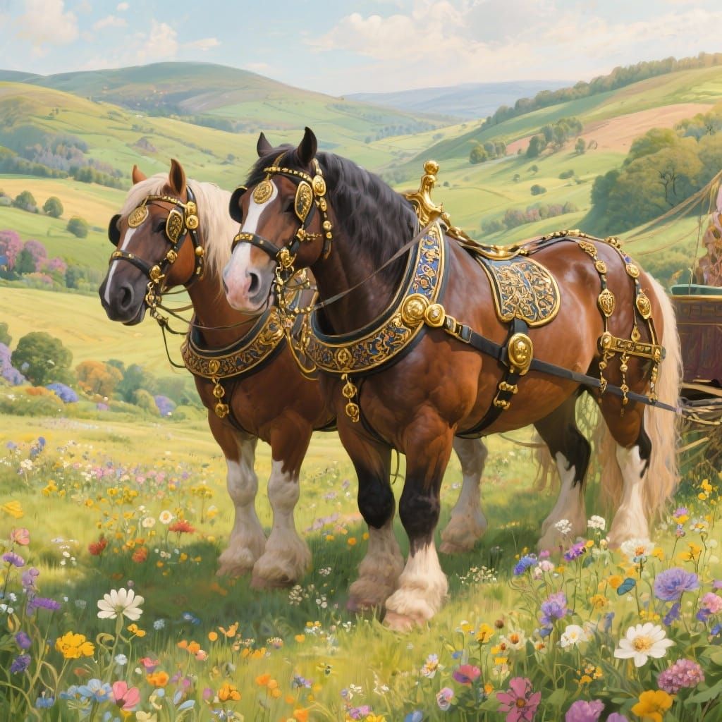 Majestic Draft Horses in Rolling Hills Landscape