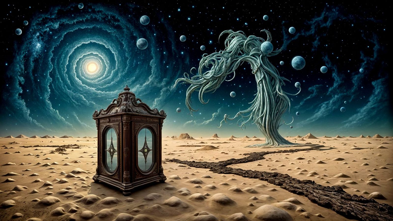 Surreal Mirror Cabinet in Desert Under Cosmic Sky