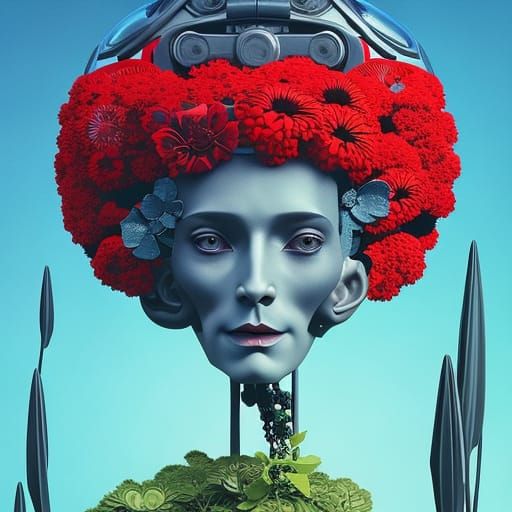 Android in Overgrown Garden: Hyperrealistic Portrait