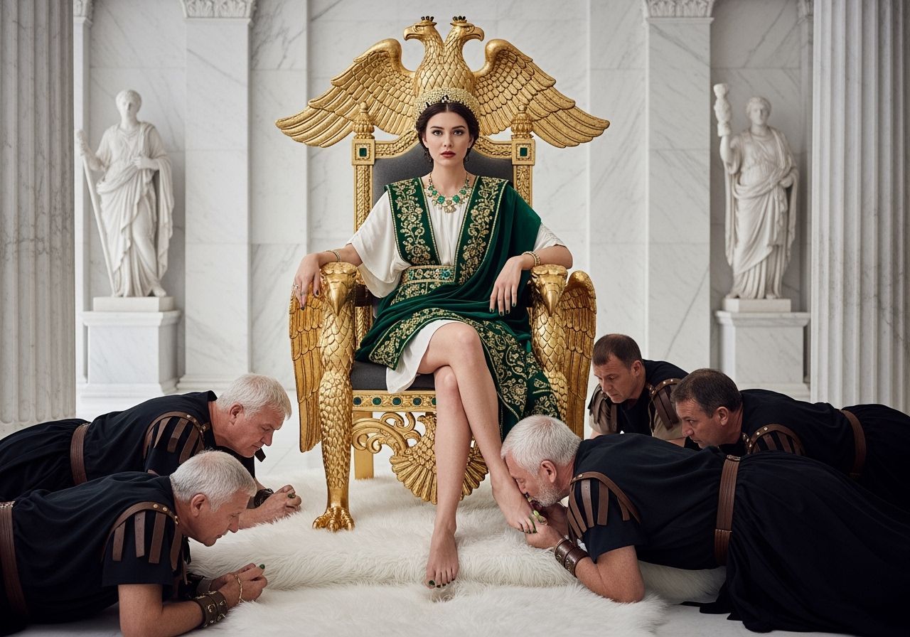 Regal Roman Empress on Emerald and Gold Throne