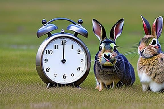Rabbits Anxiously Watching a Clock