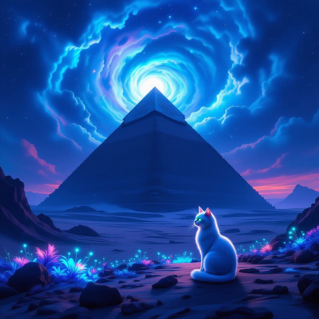 Ancient Pyramid on Alien Planet with Bioluminescent Flora an...