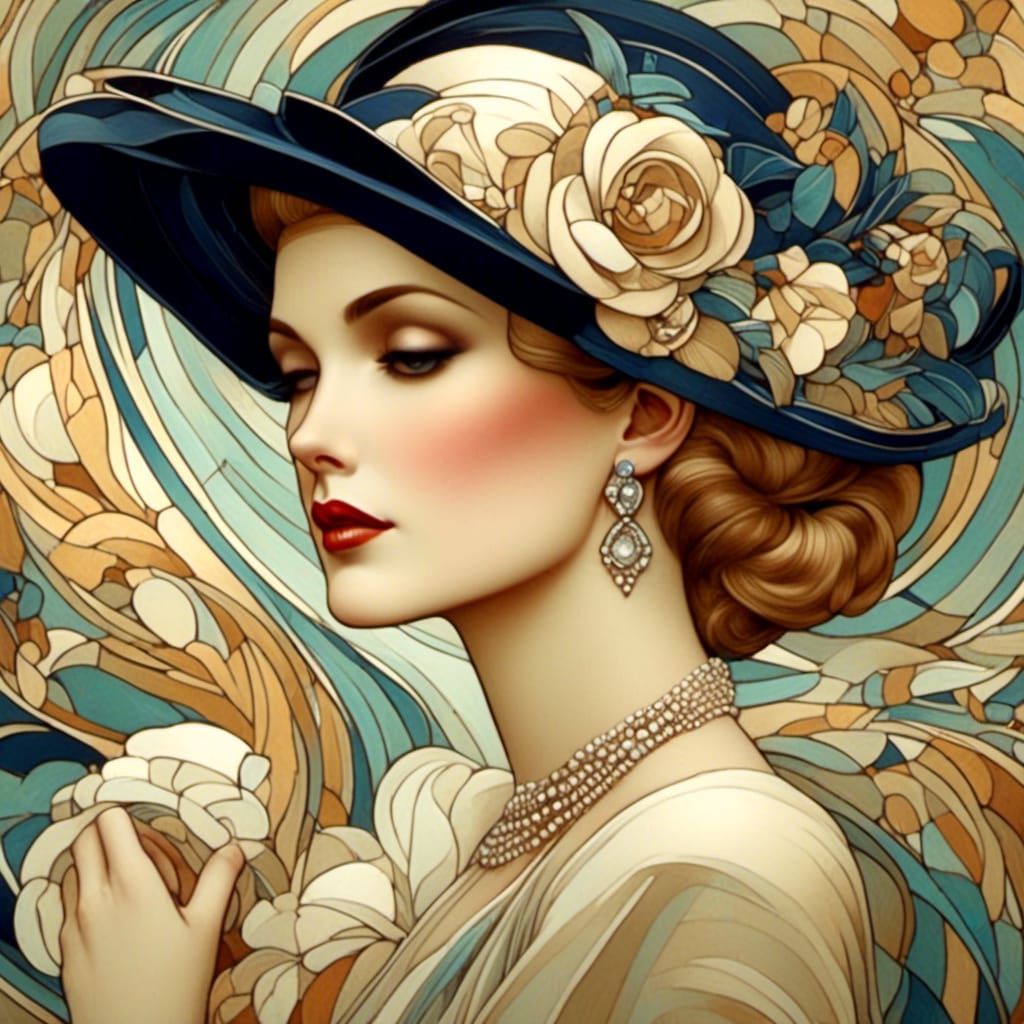 Elegant 1940s Woman in Art Deco Nouveau Style