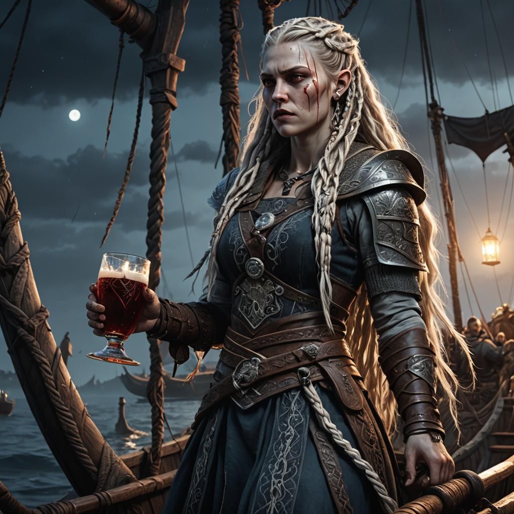Viking Vampire Woman on Ship, Dark Fantasy Art