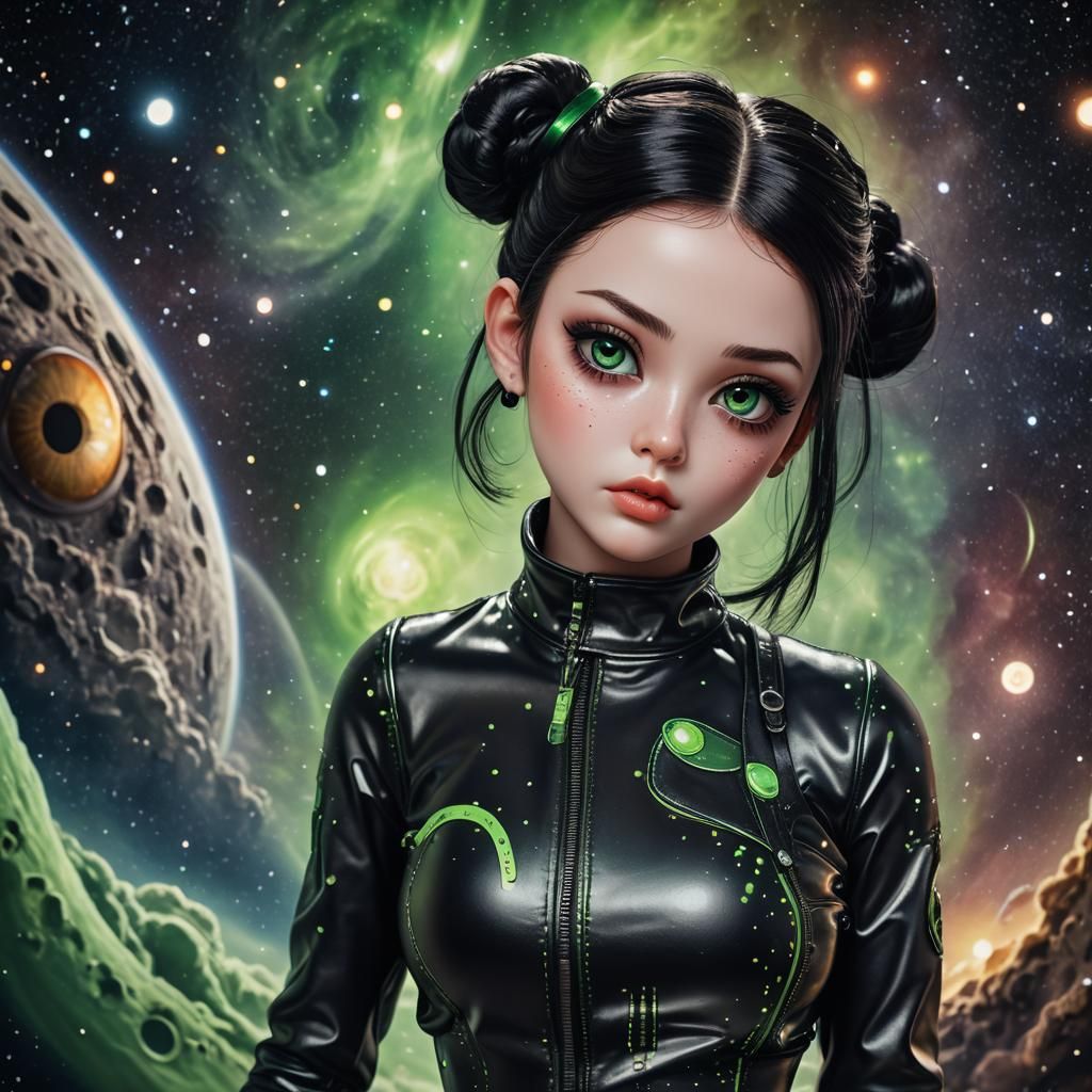 Hyperrealistic Kawaii Doll in Space with Green Eyes