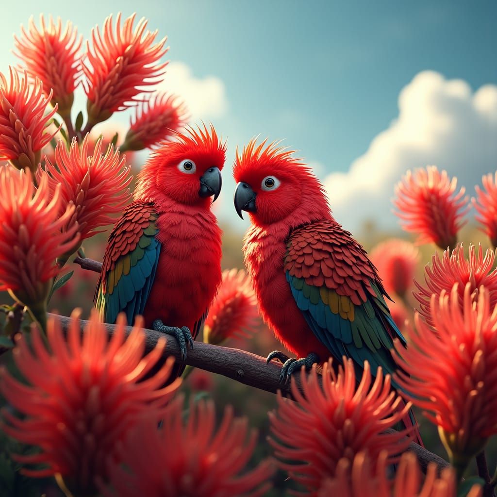 Rosella Parrots and Bottlebrush Blossoms in Art Nouveau Styl...