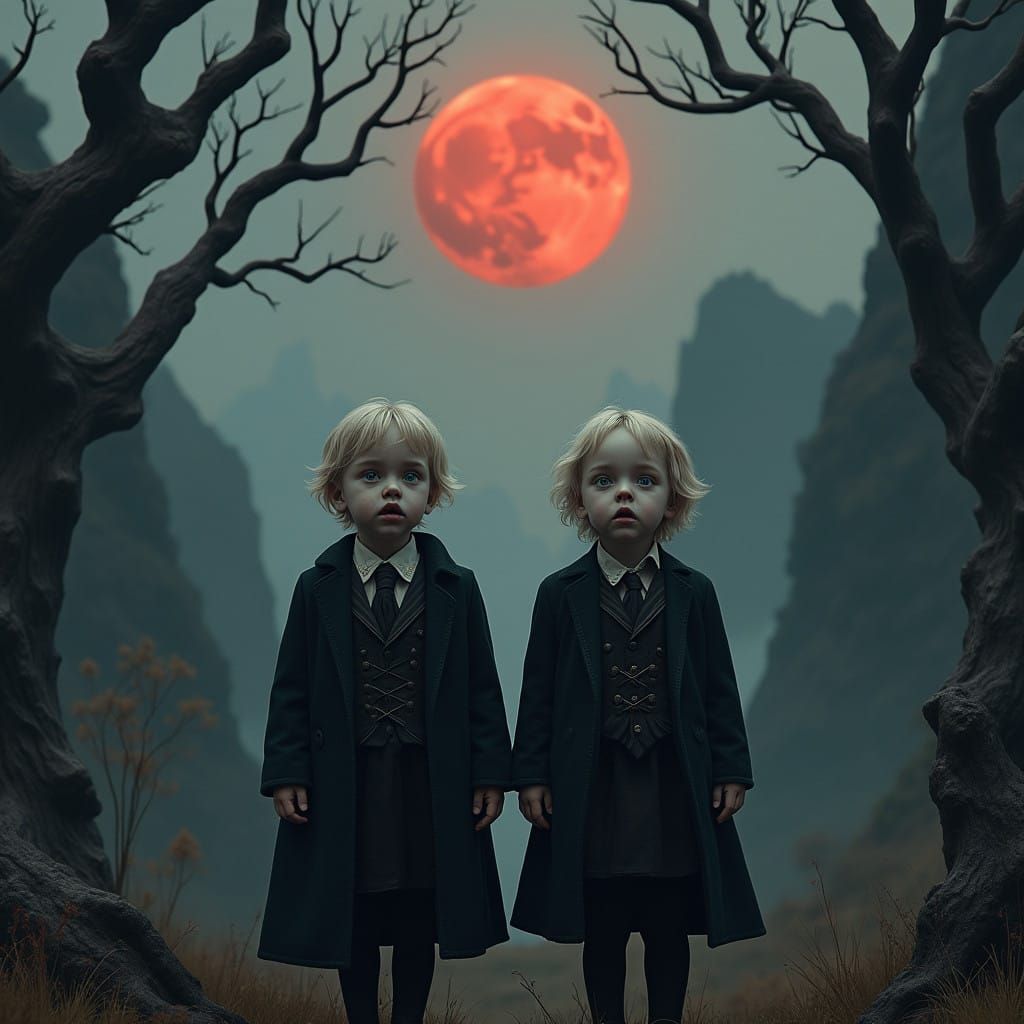 Mysterious Boys Gaze at Crimson Moon in Haunting Victorian A...