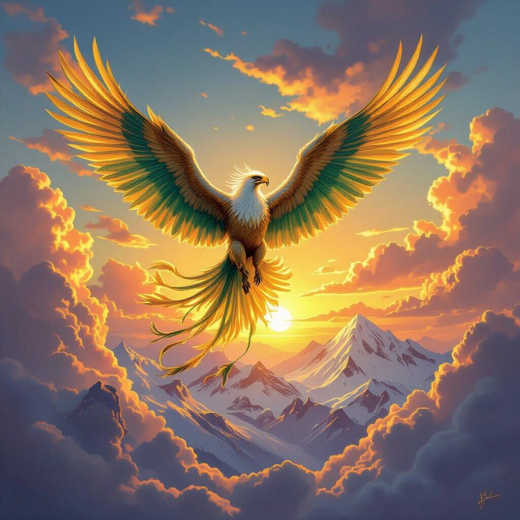 Griffin Soaring at Sunset in Fantasy Art Style