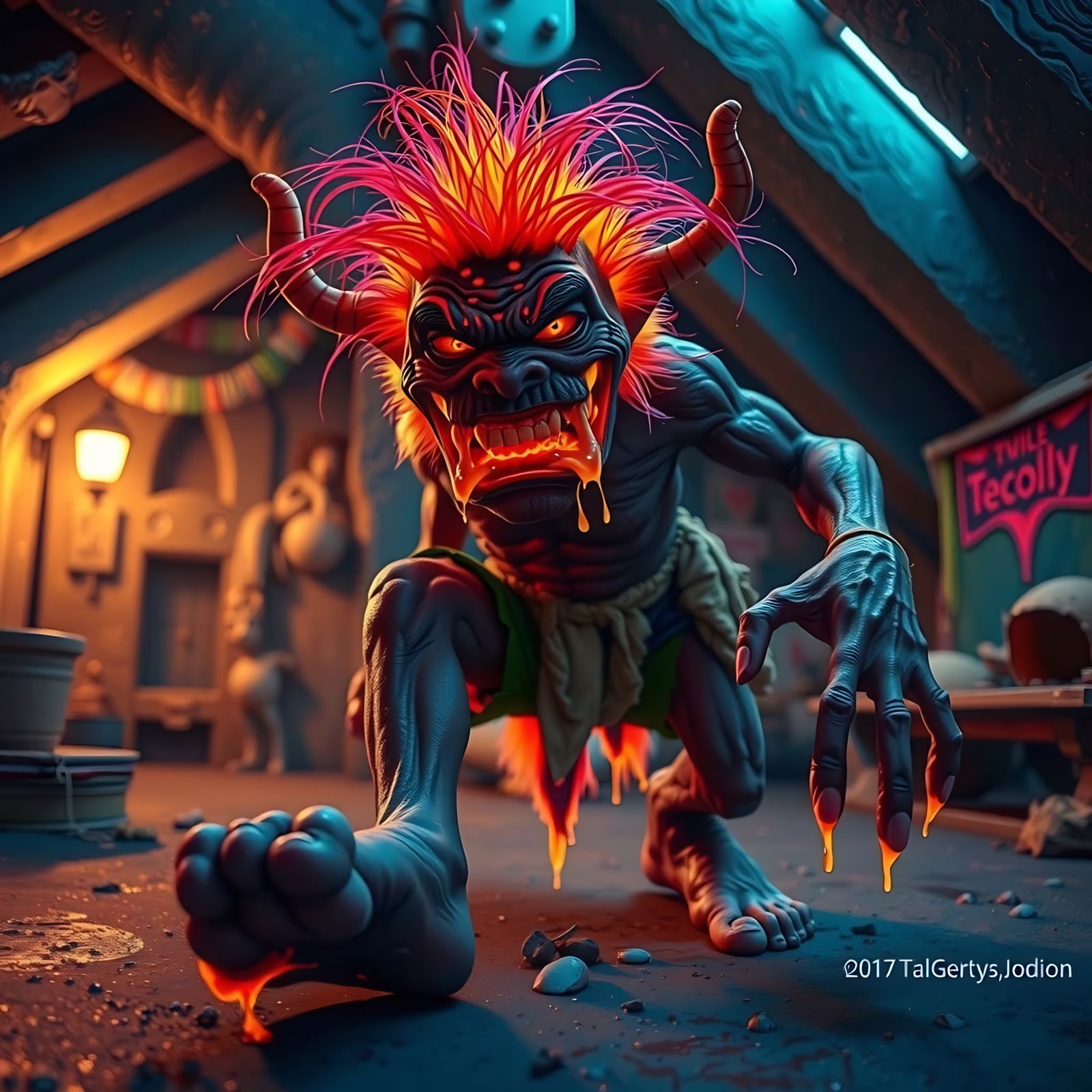 A neon colored glowing  toe-jam troll stomping his feet, oozing glowing goo to infect toe nails