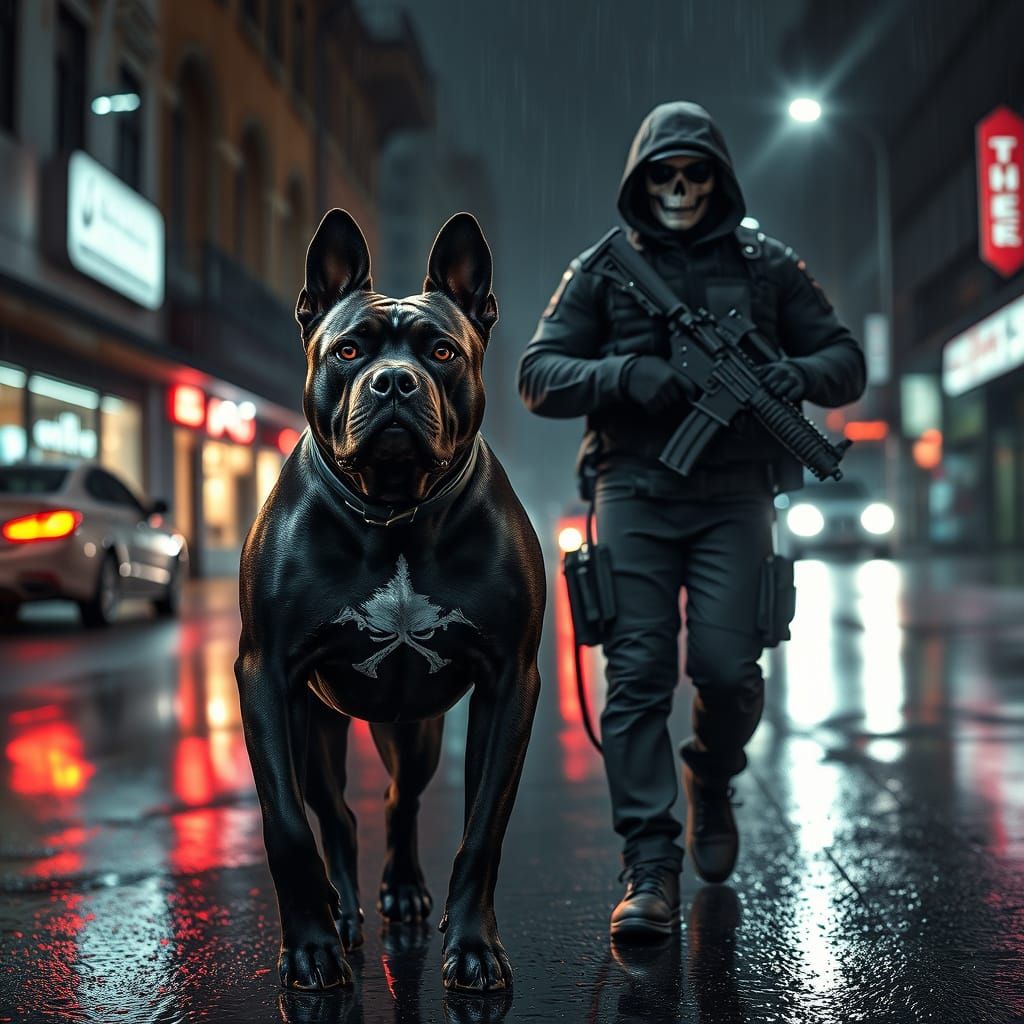 Cyberpunk Security Officer and Dog in Rainy City