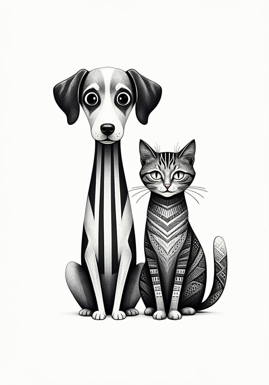 Symmetrical Black and White Illustration of a Dog and Cat