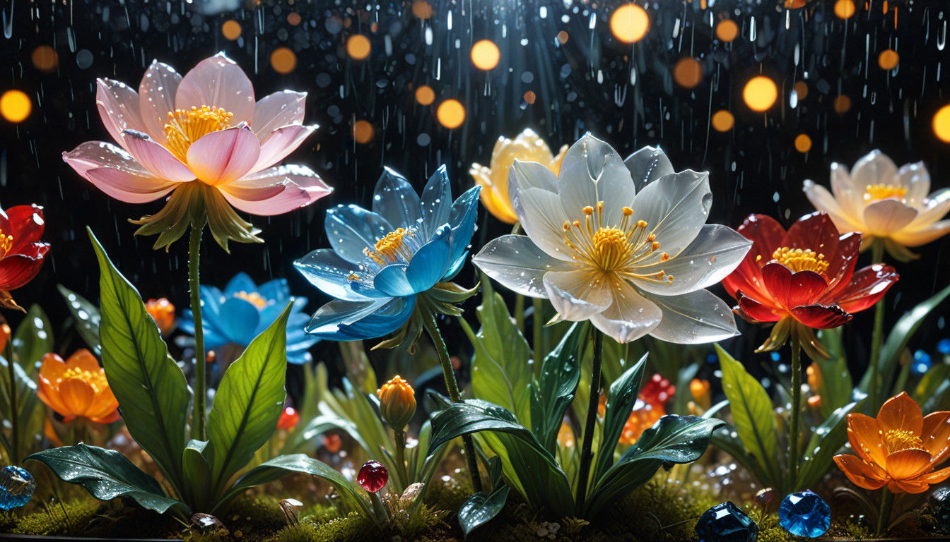 Vibrant Glass Flowers Landscape in Rainy Ultrarealistic Styl...