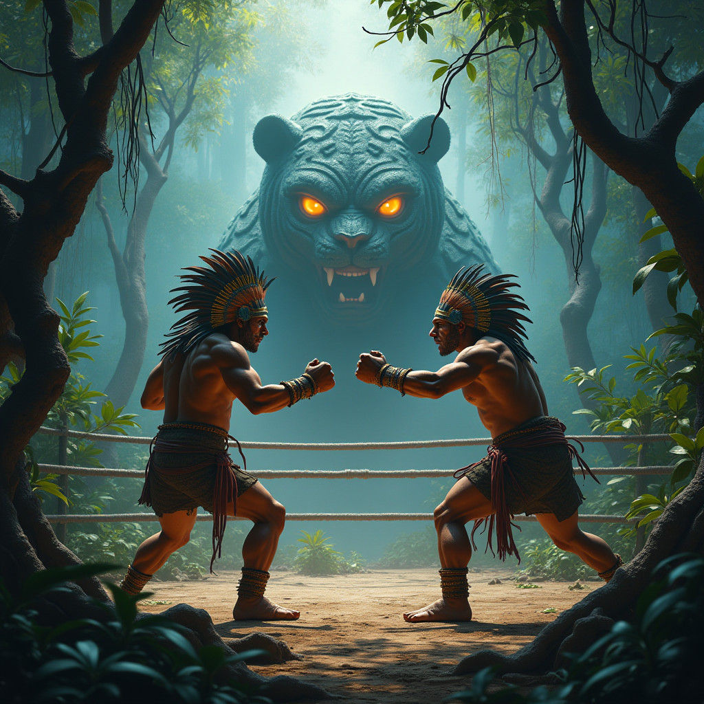 Mesoamerican Boxing Match with Olmec Rain God
