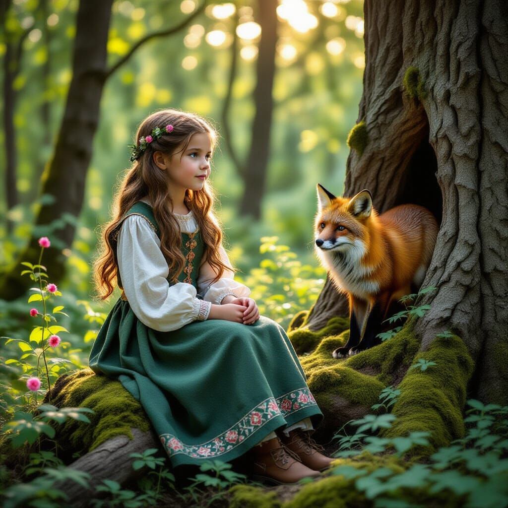 Enchanting Forest Scene with Girl and Fox