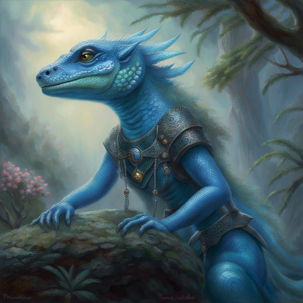Blue Lizardfolk Druid in Ethereal Fantasy Landscape