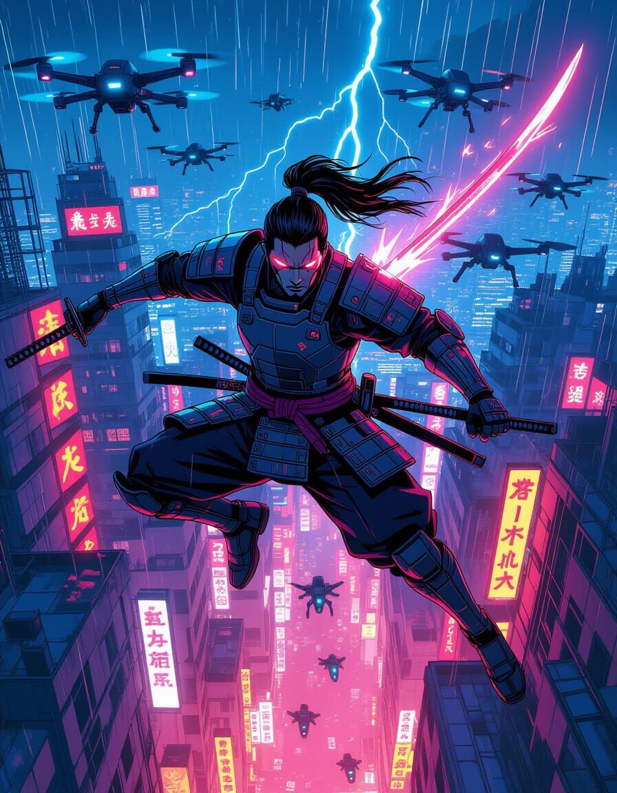 Cyberpunk Samurai Leaps Across Neon City Rooftops
