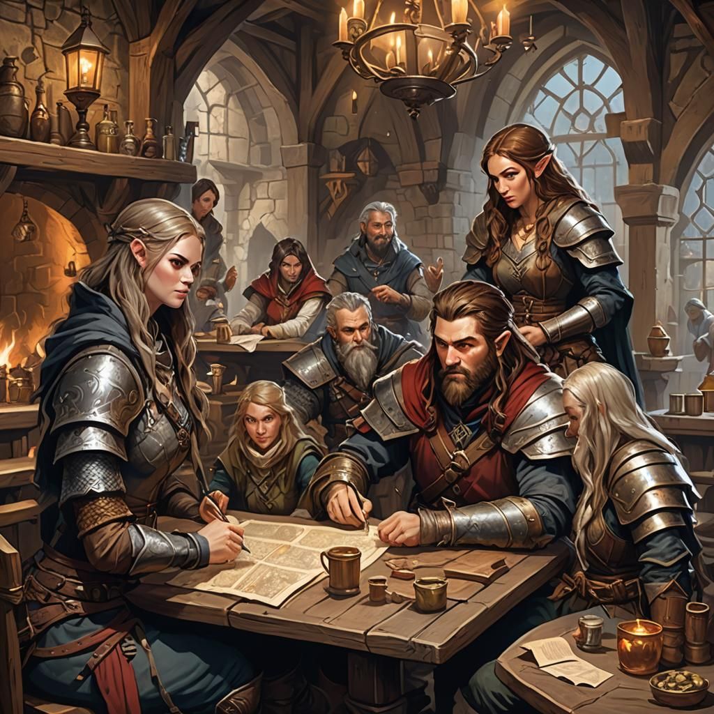 Adventurers Plotting Quest in Fantasy Tavern Illustration