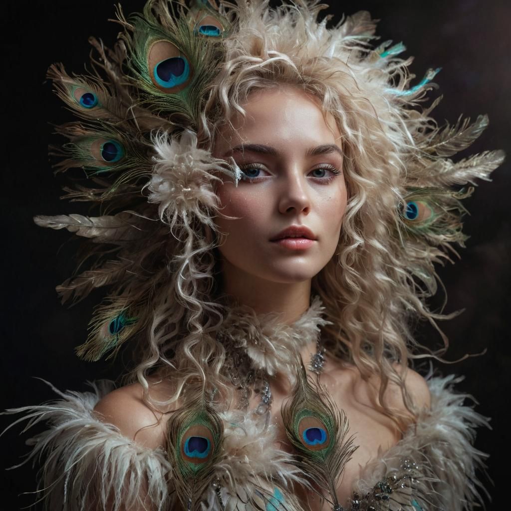 Ethereal Woman with Peacock Feathers: Surreal Portrait