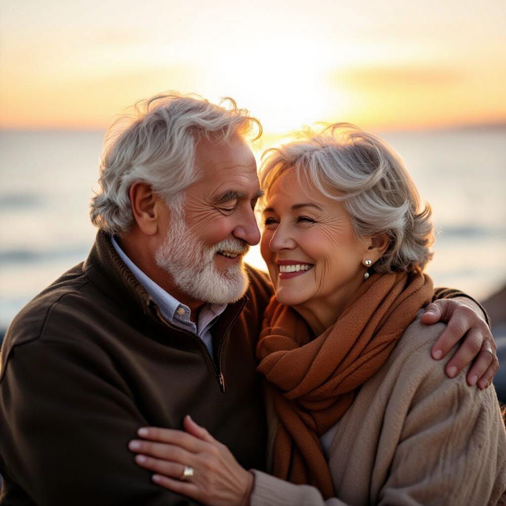 Elderly Couple Admires Sunset in Golden Hour
