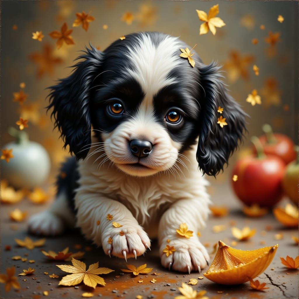 Spaniel Puppy Playing: Romantic Impasto Oil Painting