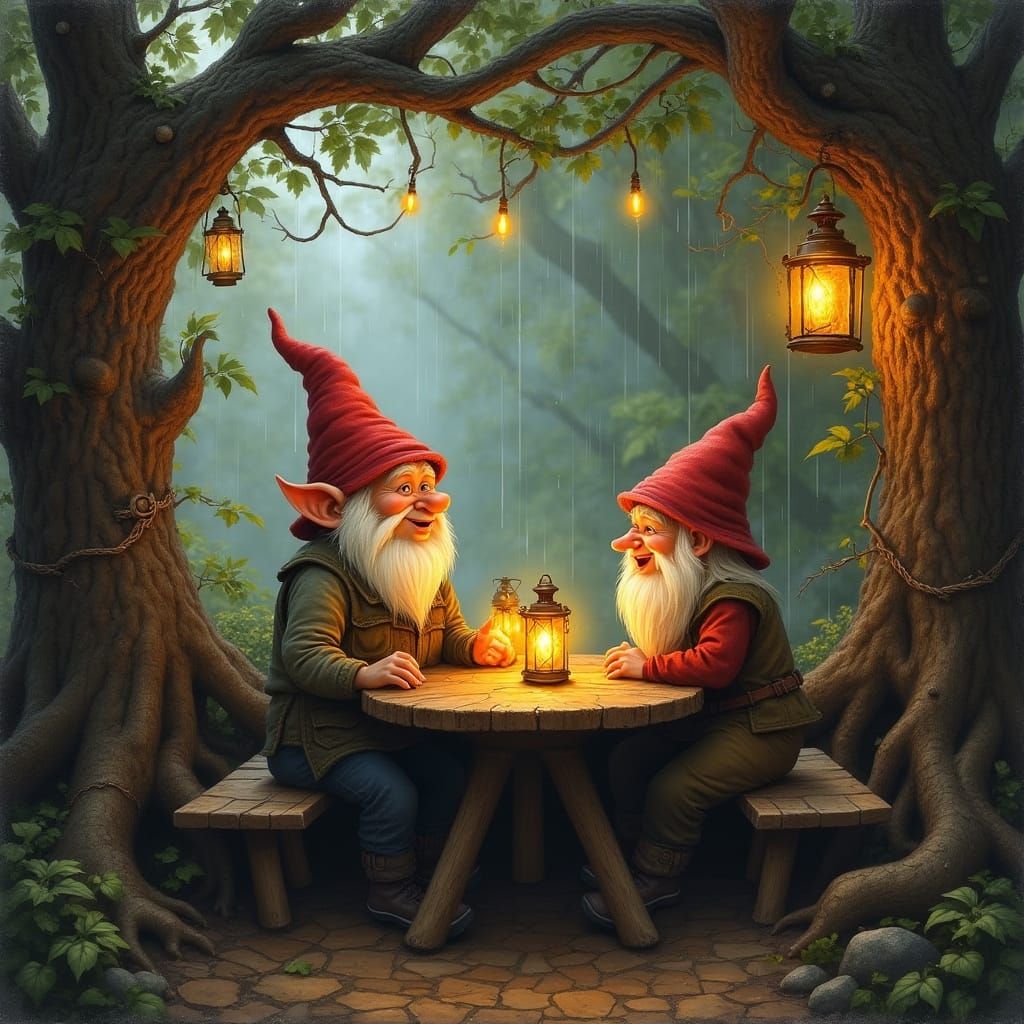 Whimsical Gnomes in a Treehouse Haven
