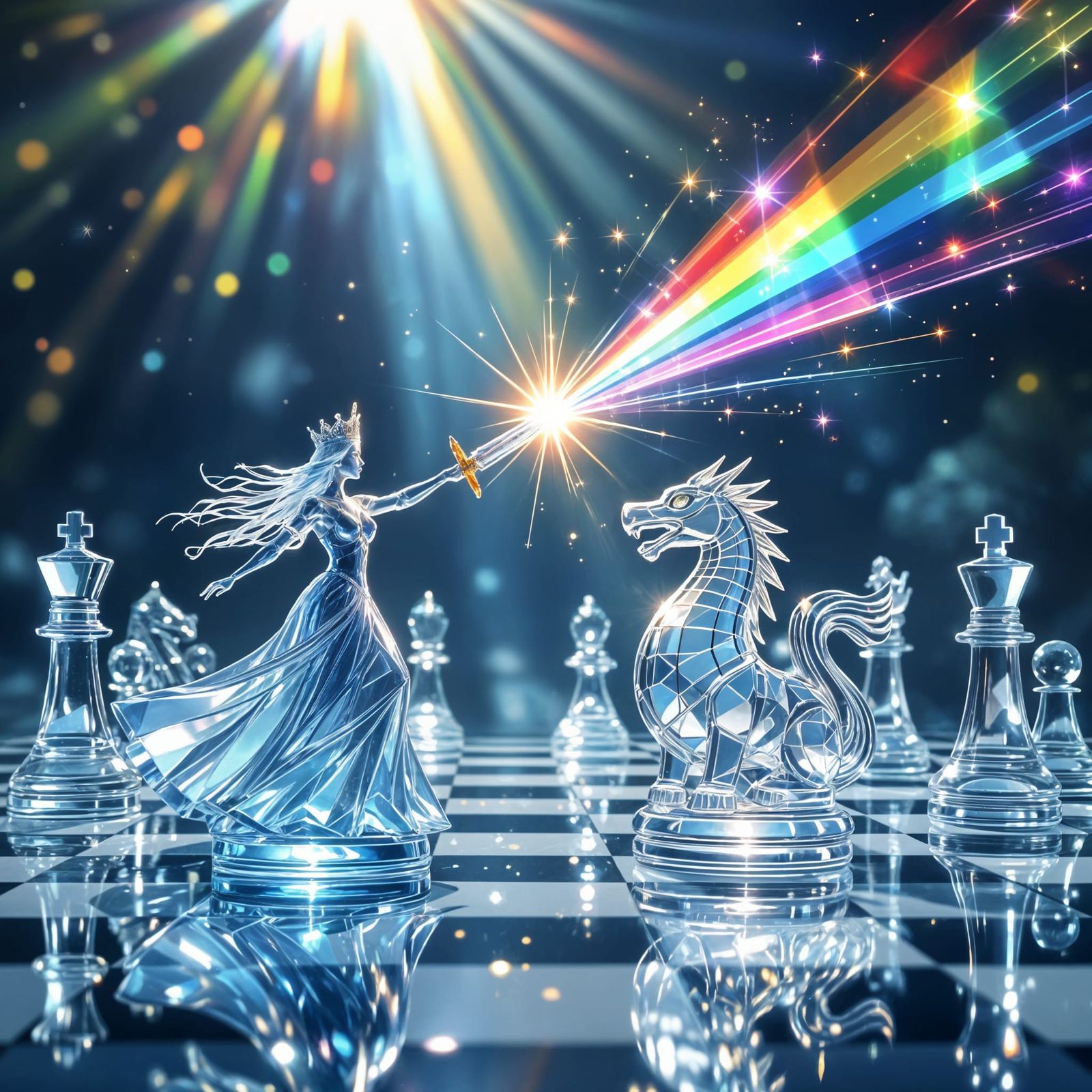 Queen with Prismatic Sword on Glass Chessboard