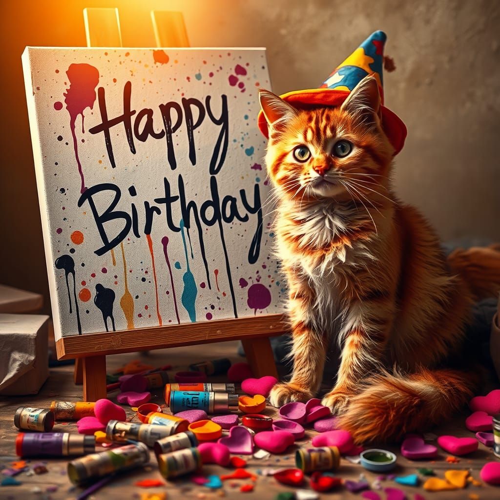 Whimsical Cat's Birthday Art Creation