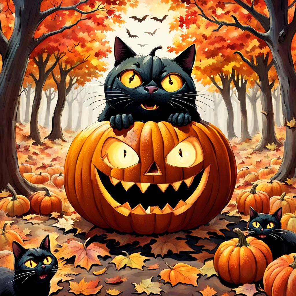 Whimsical Autumn Cat in Pumpkin, Watercolor Style