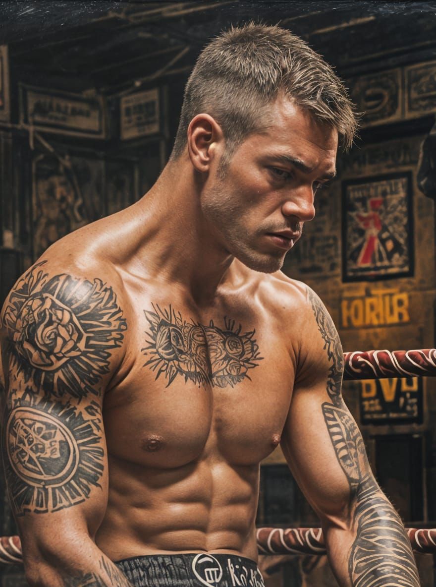 Tattooed Boxer in Ring, Old Master Oil Painting