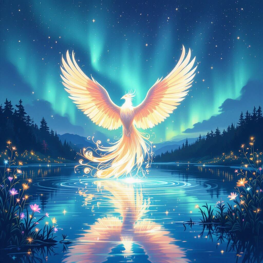 Bioluminescent Phoenix Rising: Art Nouveau Style