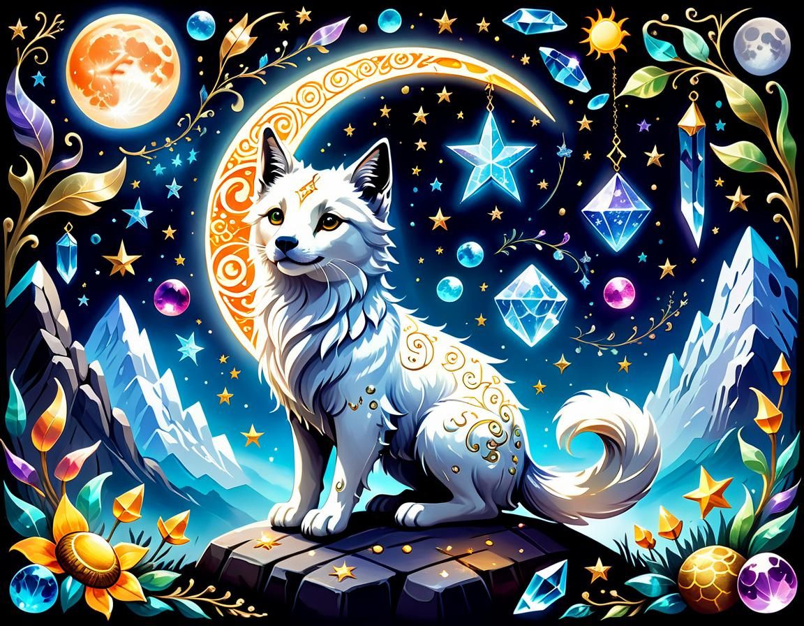 Magical Mythical Pets Surrounded by Crystals and Runes