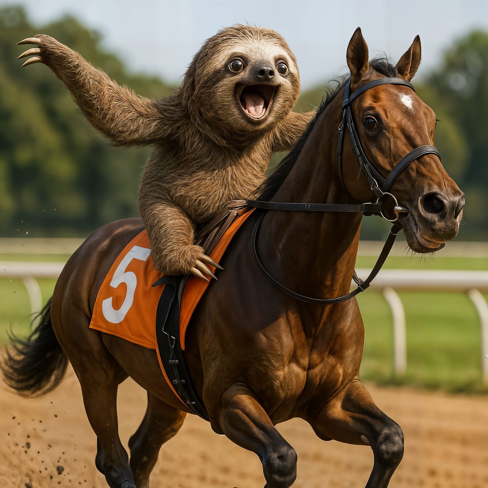 Excited Sloth Rides Racehorse on Track in CGI