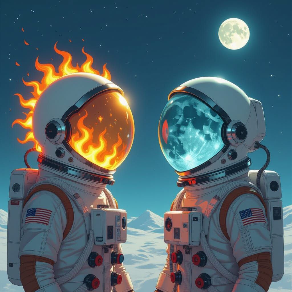 Astronauts with Sun and Moon Helmets in Surreal Space