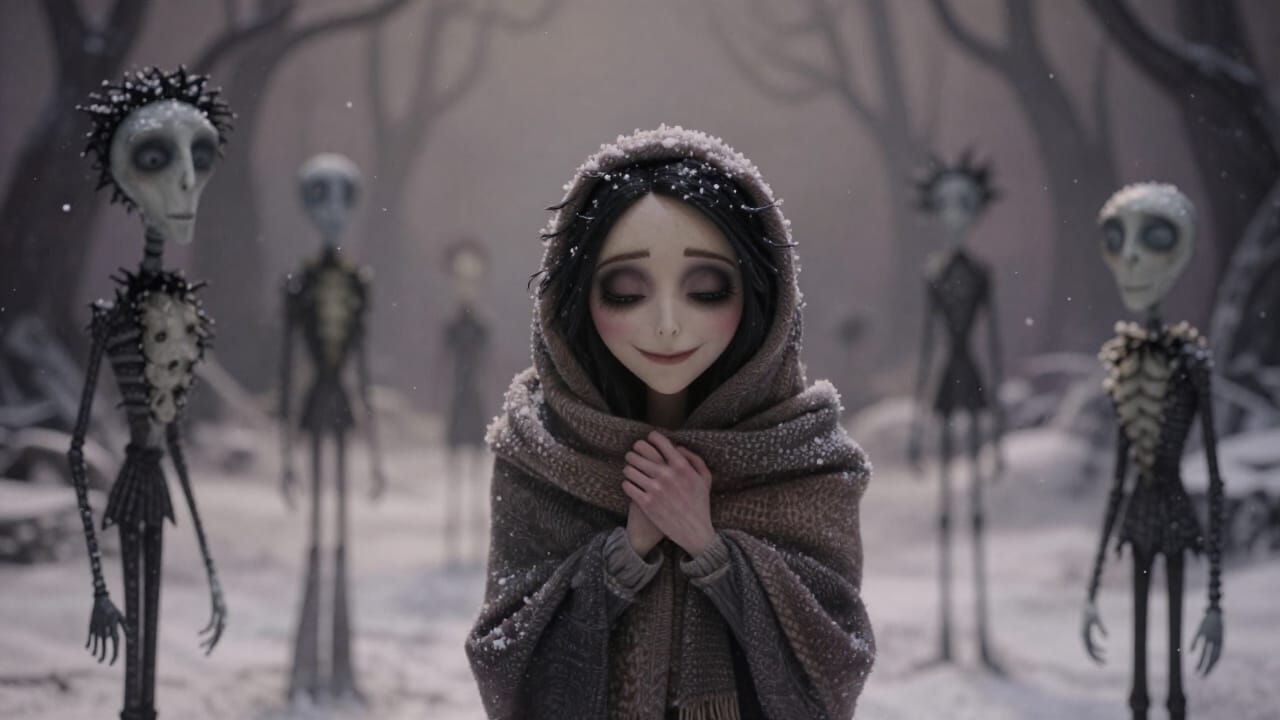 Whimsical Gothic Winter Scene of Thankful Person