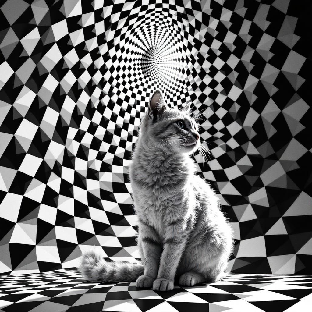 Hypnotic Geometric Cat in Optical Illusion Art
