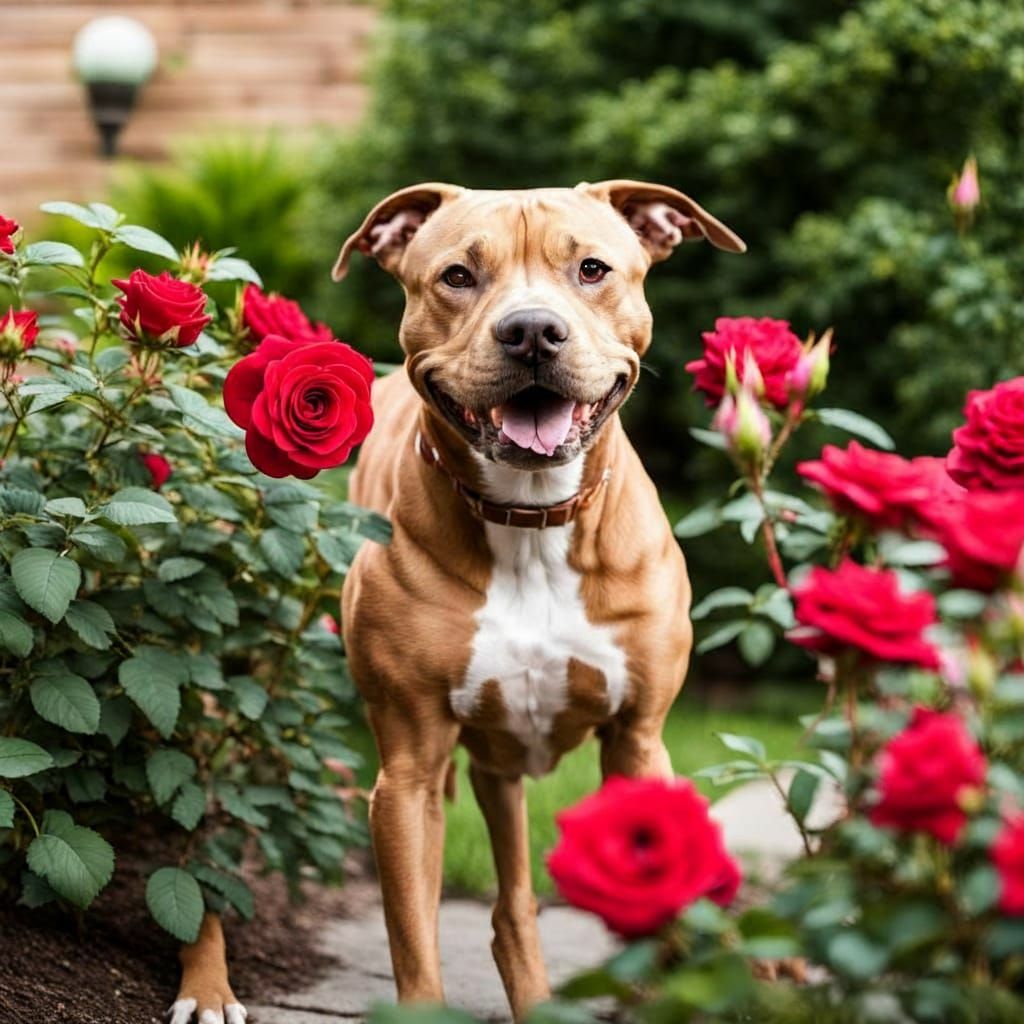 Tan Pit Bull Mix Near Wild Red Rose Bush