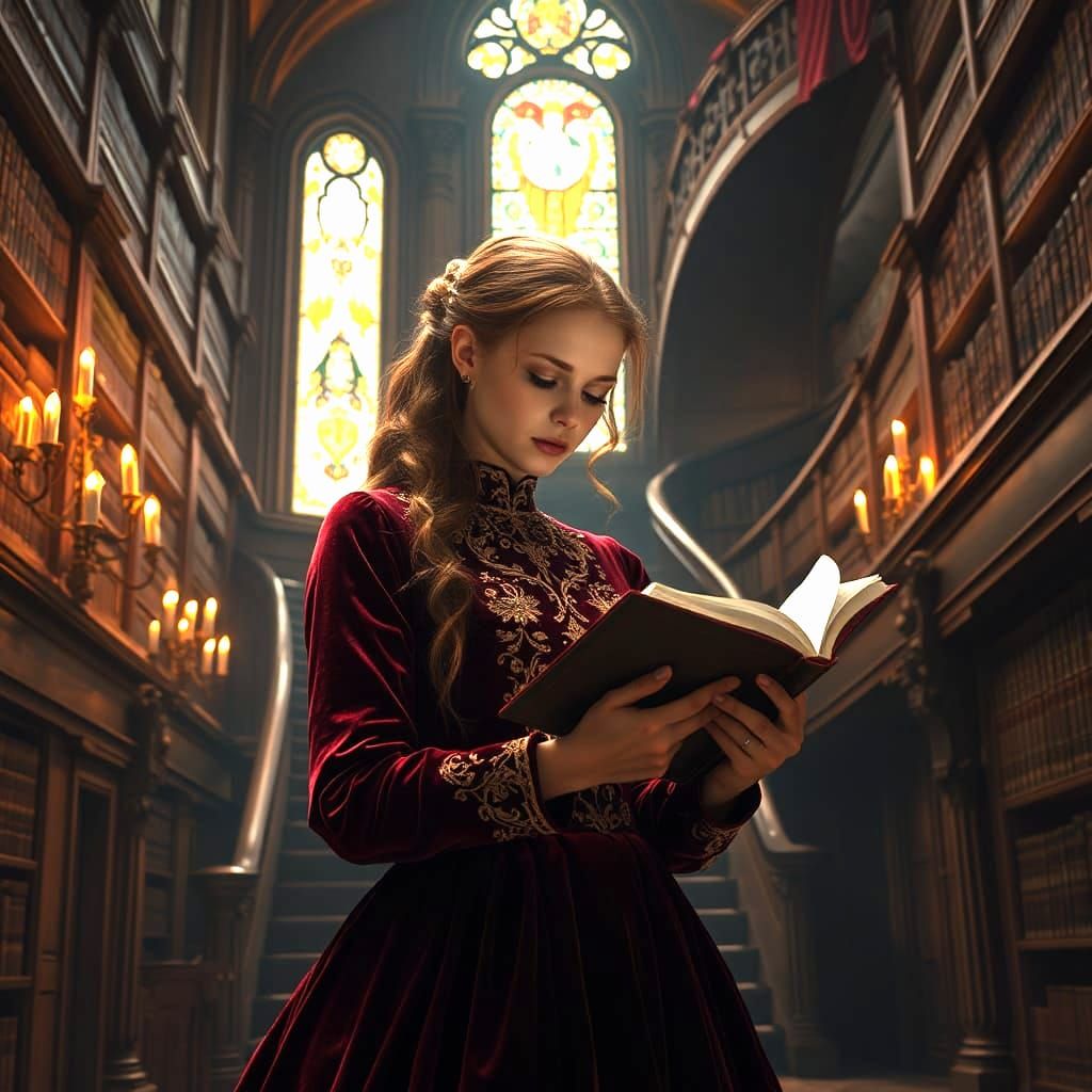 Victorian Lady Reading in Library: Digital Matte Painting